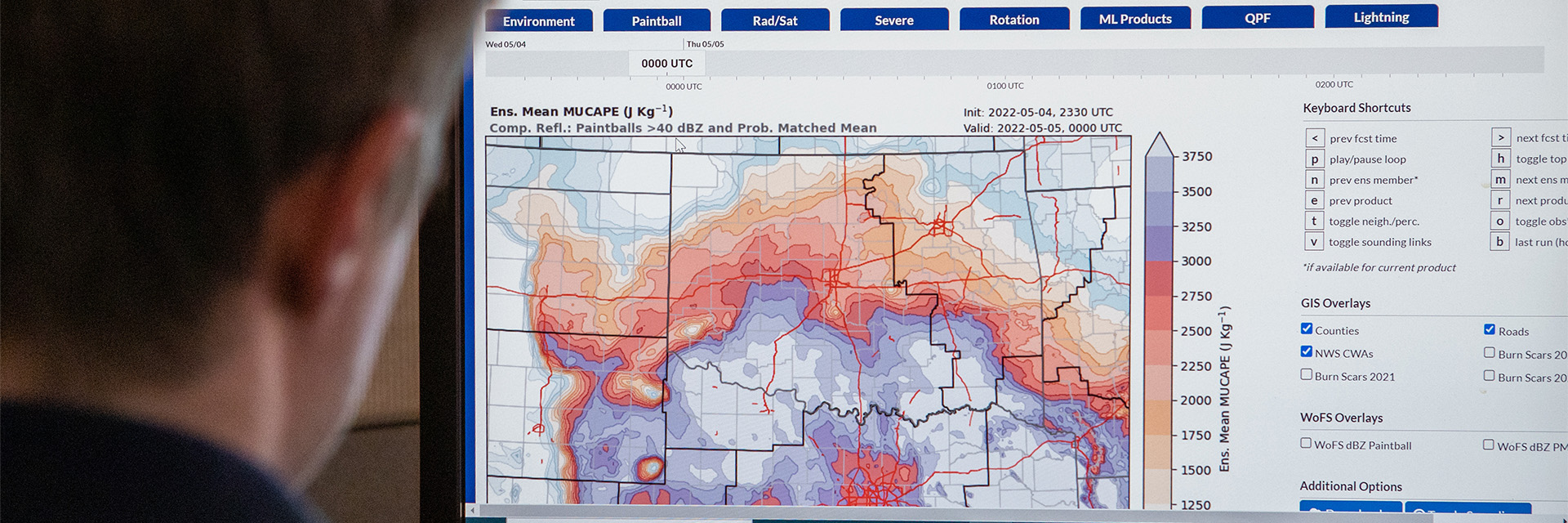 Computer display showing severe weather model data